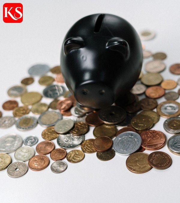 Sparen und Geld anlegen: schwarzes Sparschwein zwischen Münzen